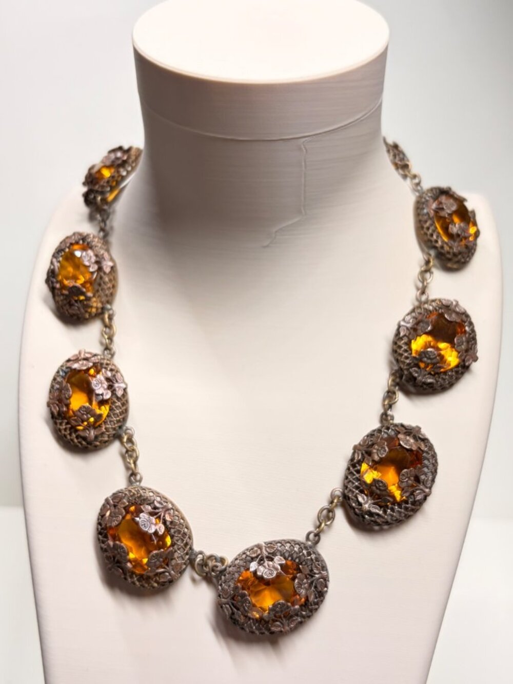 Vintage Amber Uranium Glass Rose Filigree Choker Sterling Clasp 15 Inch